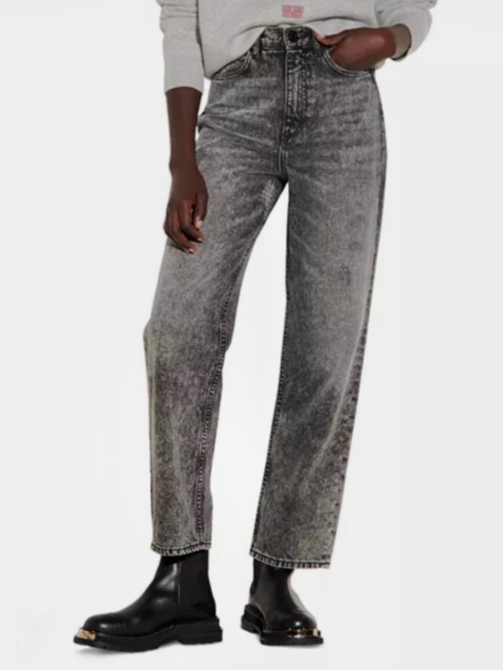 Sandro High Waist Acid Washed Straight Leg Jeans Grey/Black Size 42 (10)